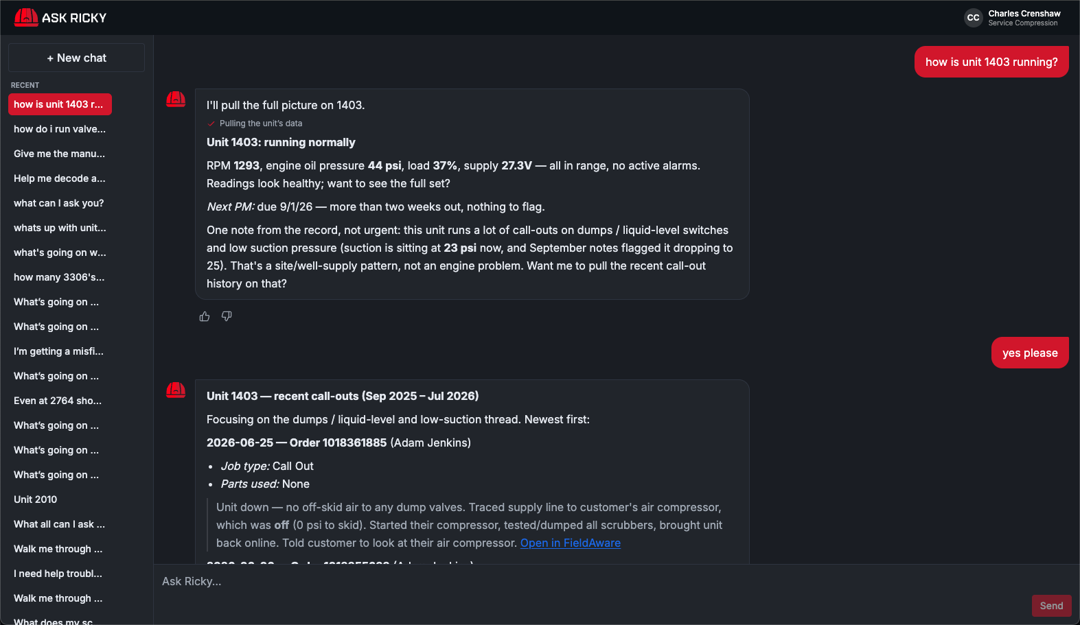 Ask Ricky chat interface showing a conversation about unit 1403