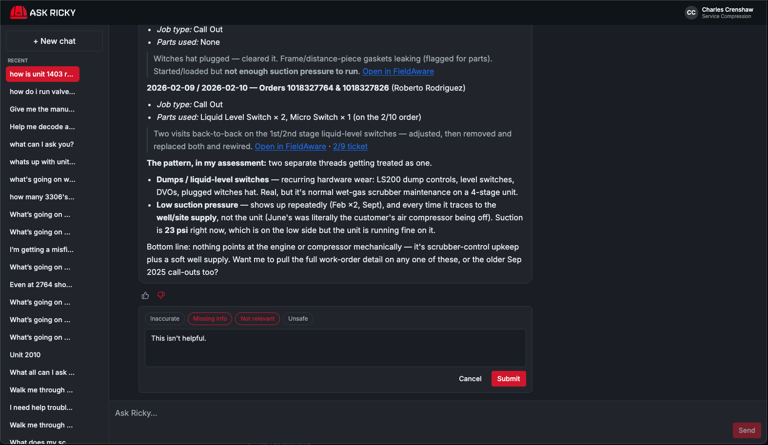 Ask Ricky feedback submission with thumbs-down, reason tags, and comment field